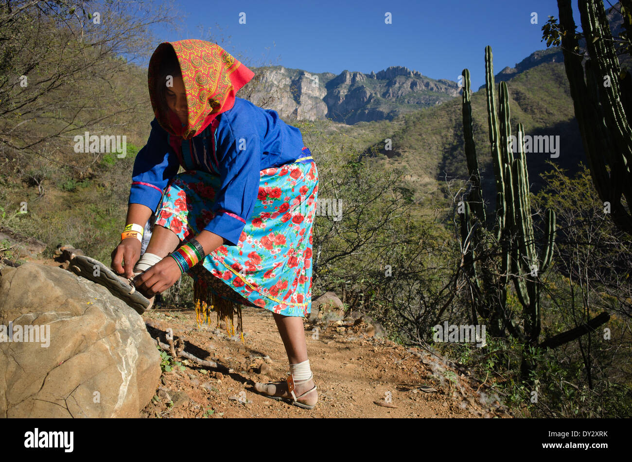 Young girl sits by her simple adobe and log home in the Tarahumara village  of San Alonso in the Copper Canyon area of Mexico Stock Photo - Alamy