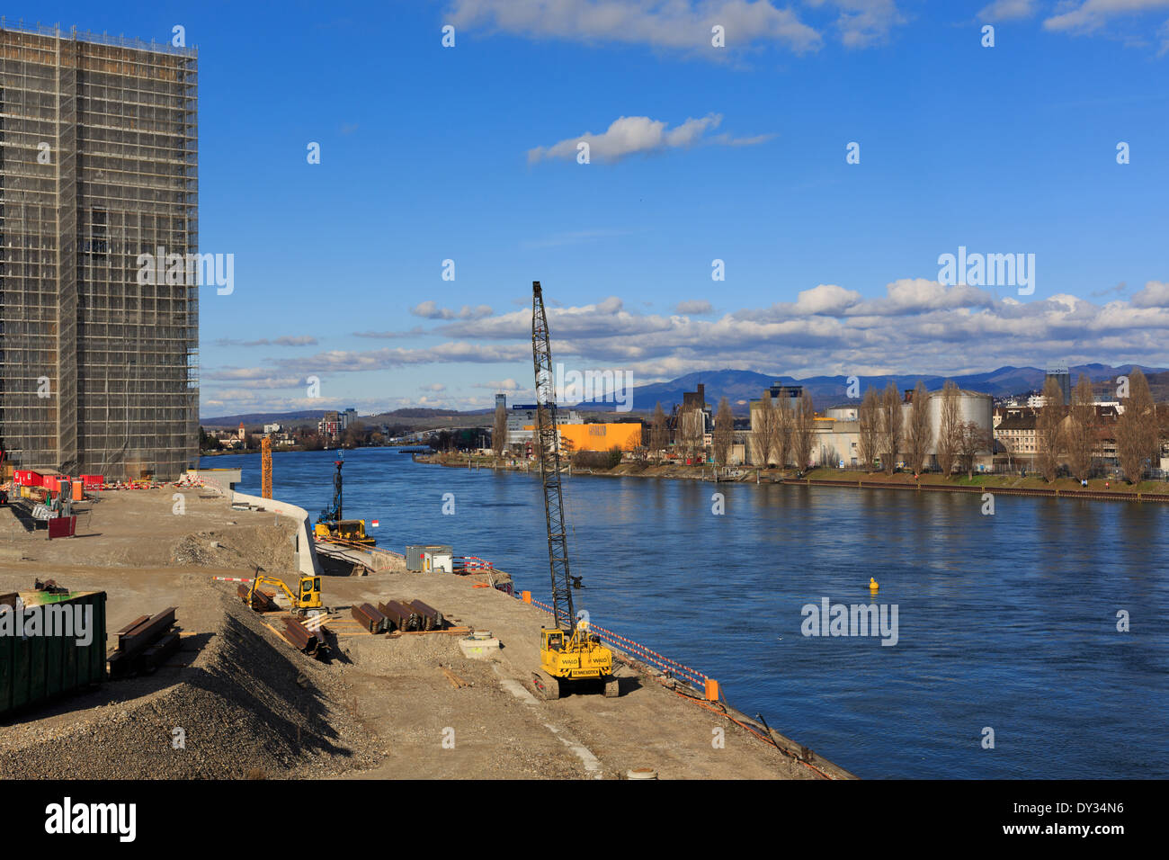 A photograph of the Novartis construction sit on the Rhine in Basel. Stock Photo