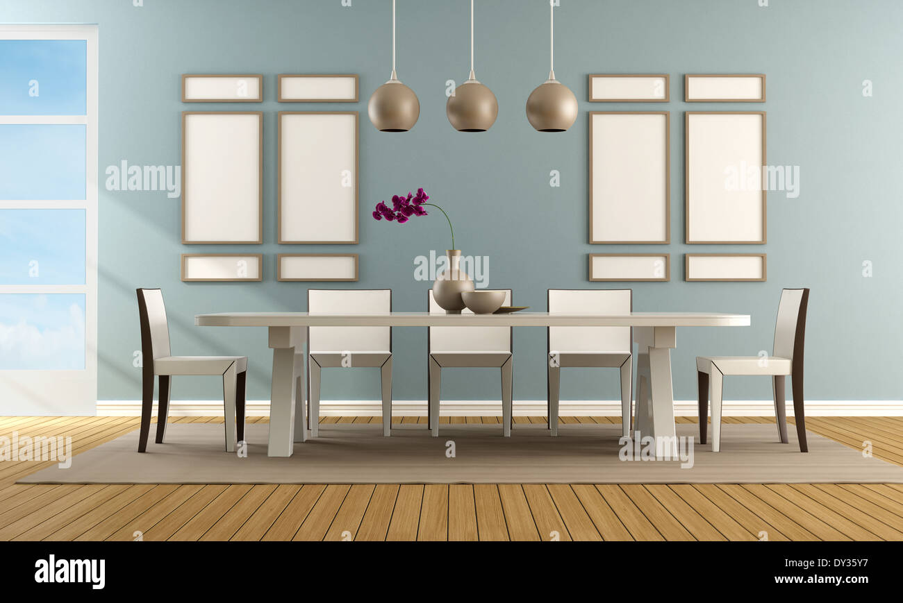 Contemporary Blue Dining Room With White Modern Chair And Table Rendering Stock Photo Alamy