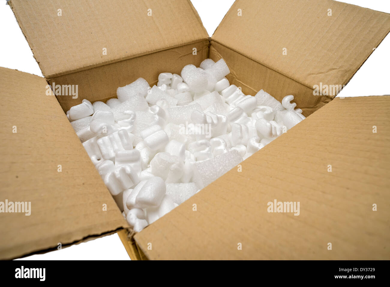 Fill packaging peanuts and bubble pack in a cardboard box, isolated on