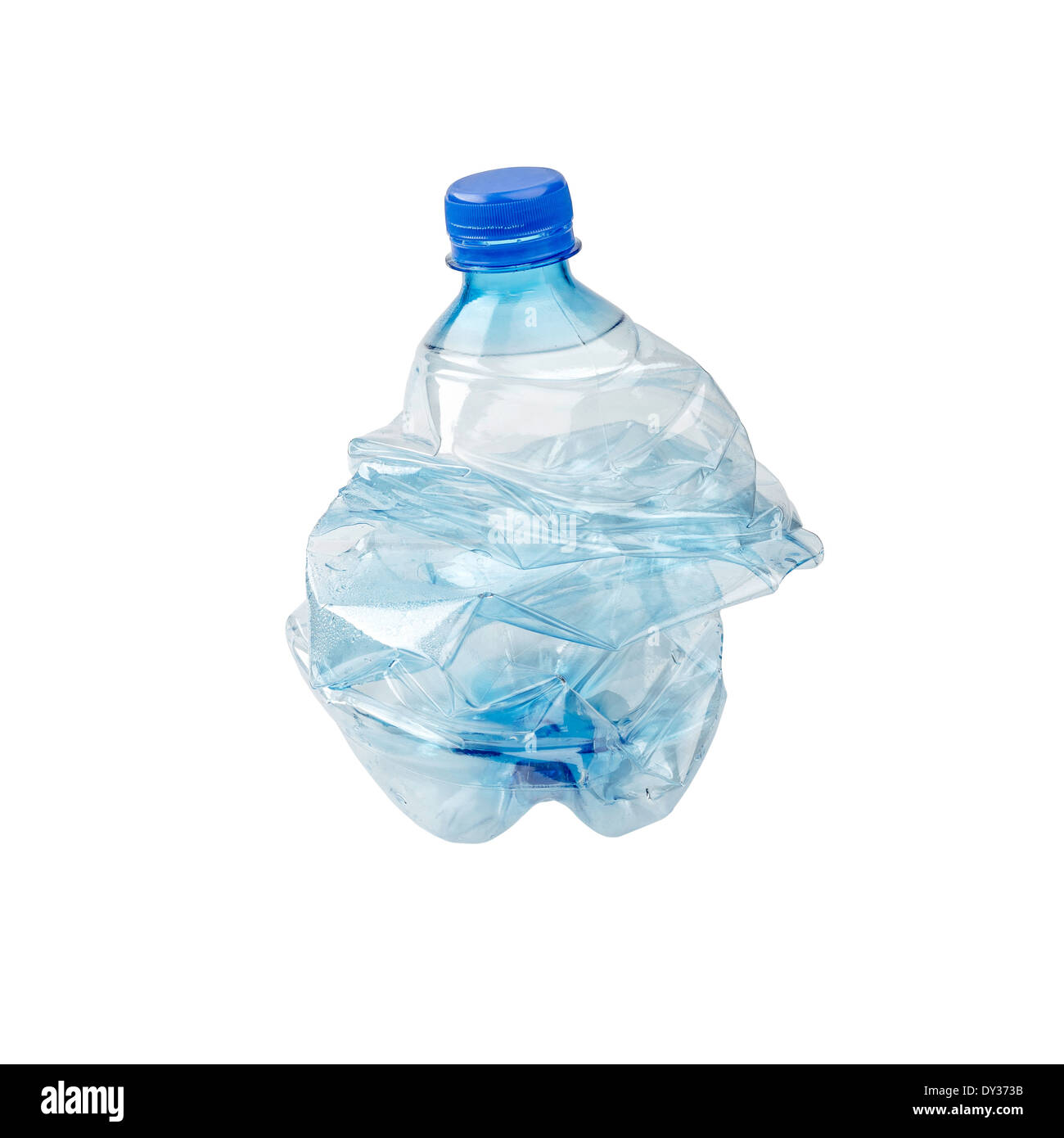 An empty smashed blue plastic bottle, isolated on white background Stock Photo