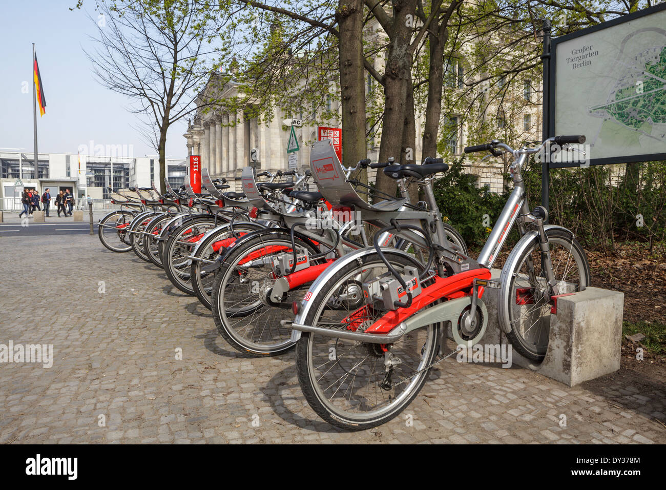 Call a Bike, Deutsche Bahn rental scheme bikes by the Tier Garden and Reichstag, Berlin, Germany Stock Photo