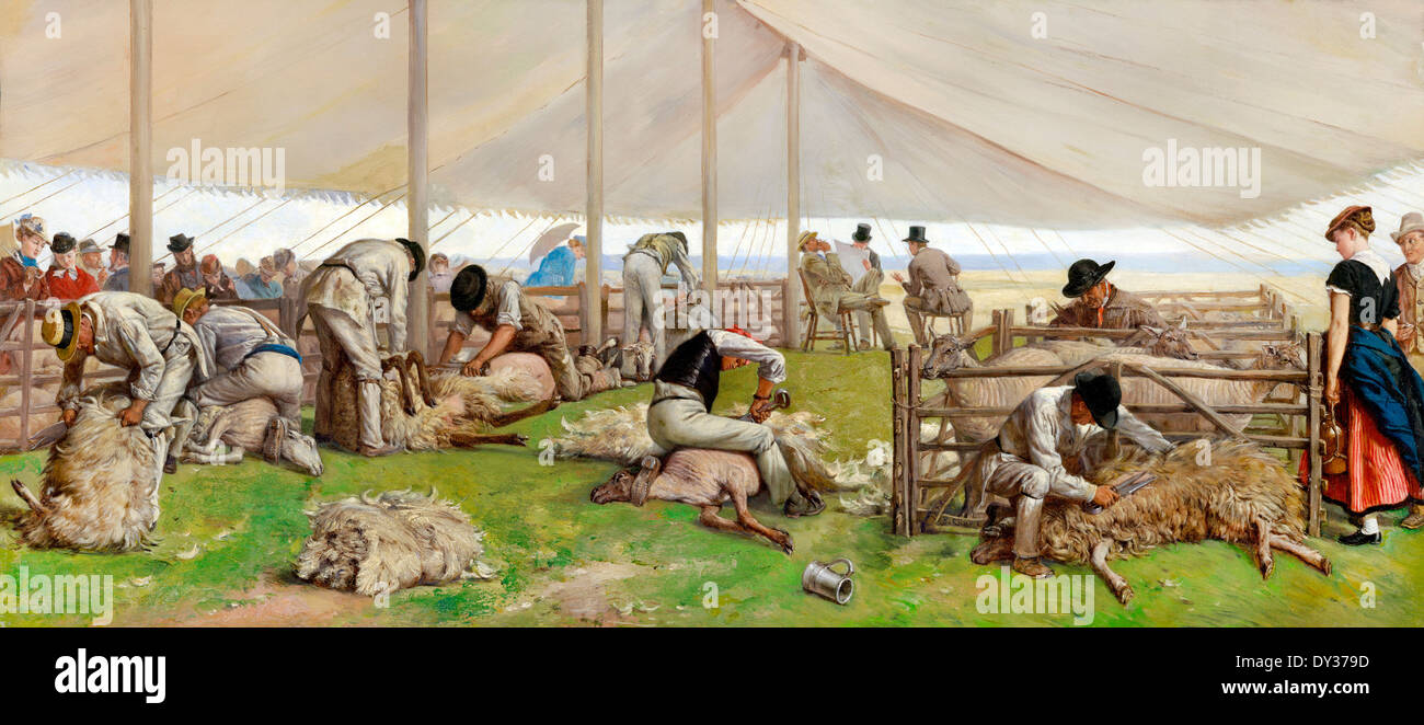 Eyre Crowe, A Sheep Shearing Match 1875 Oil on canvas. National Gallery of Victoria, Australia. Stock Photo