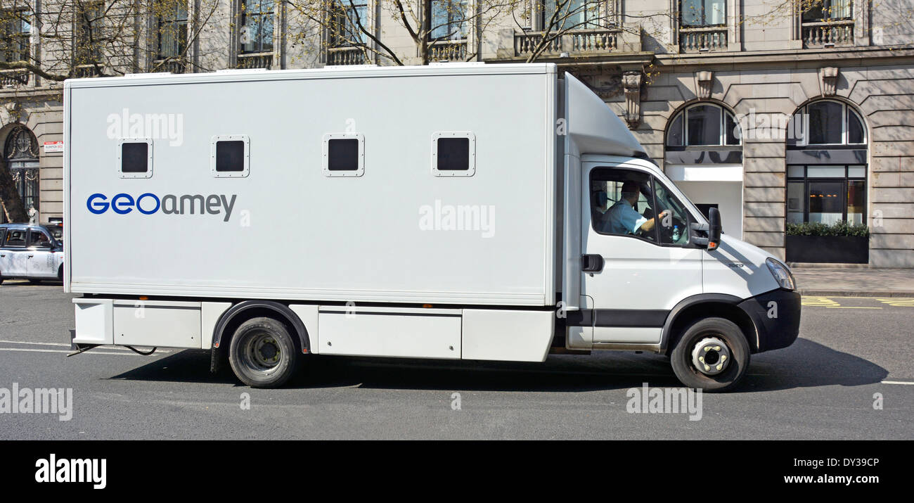 GeoAmey business operate specialised lorry truck prisoner & custody transport in secure van between court prison & detention centres view in London UK Stock Photo