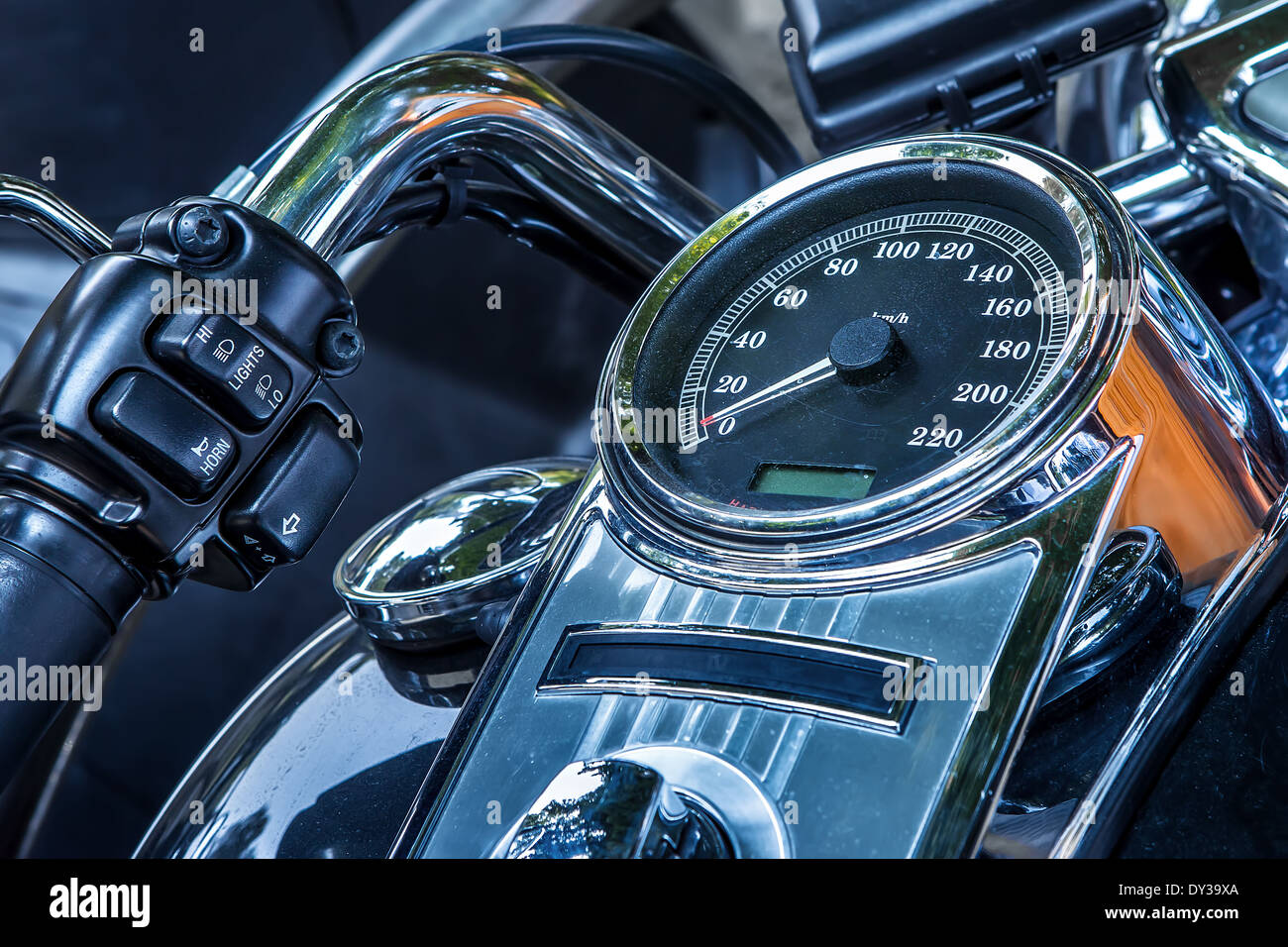 Motorcycle handlebar and speedometer closeup view Stock Photo Alamy