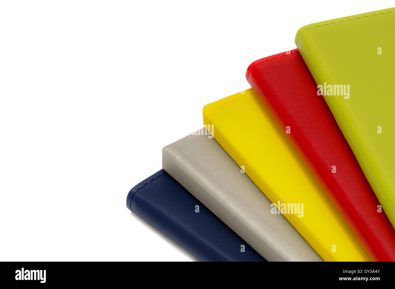 multicolor notebooks with space for text on white background Stock Photo