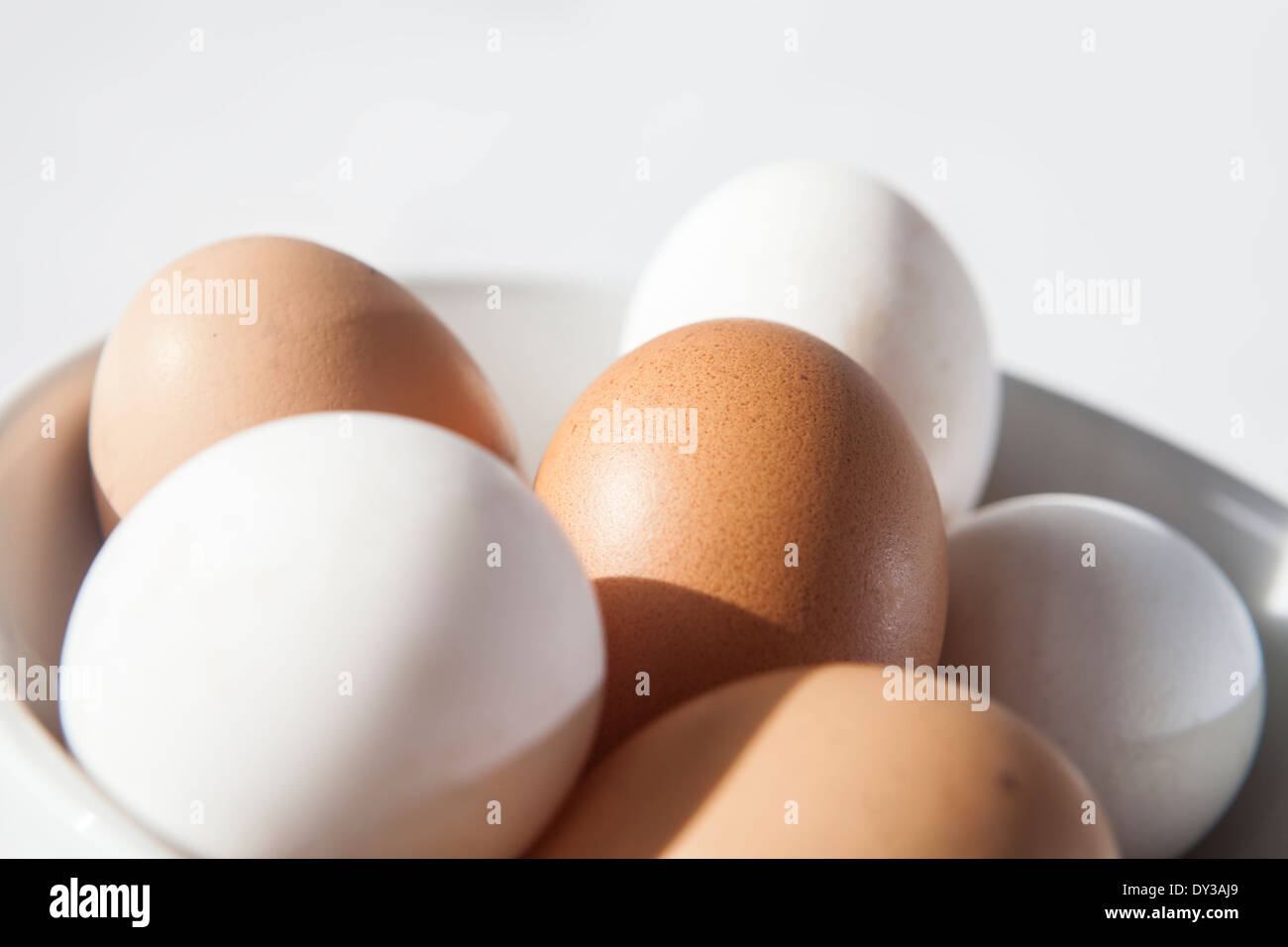 Bowl of six fresh eggs, three white, three brown Stock Photo