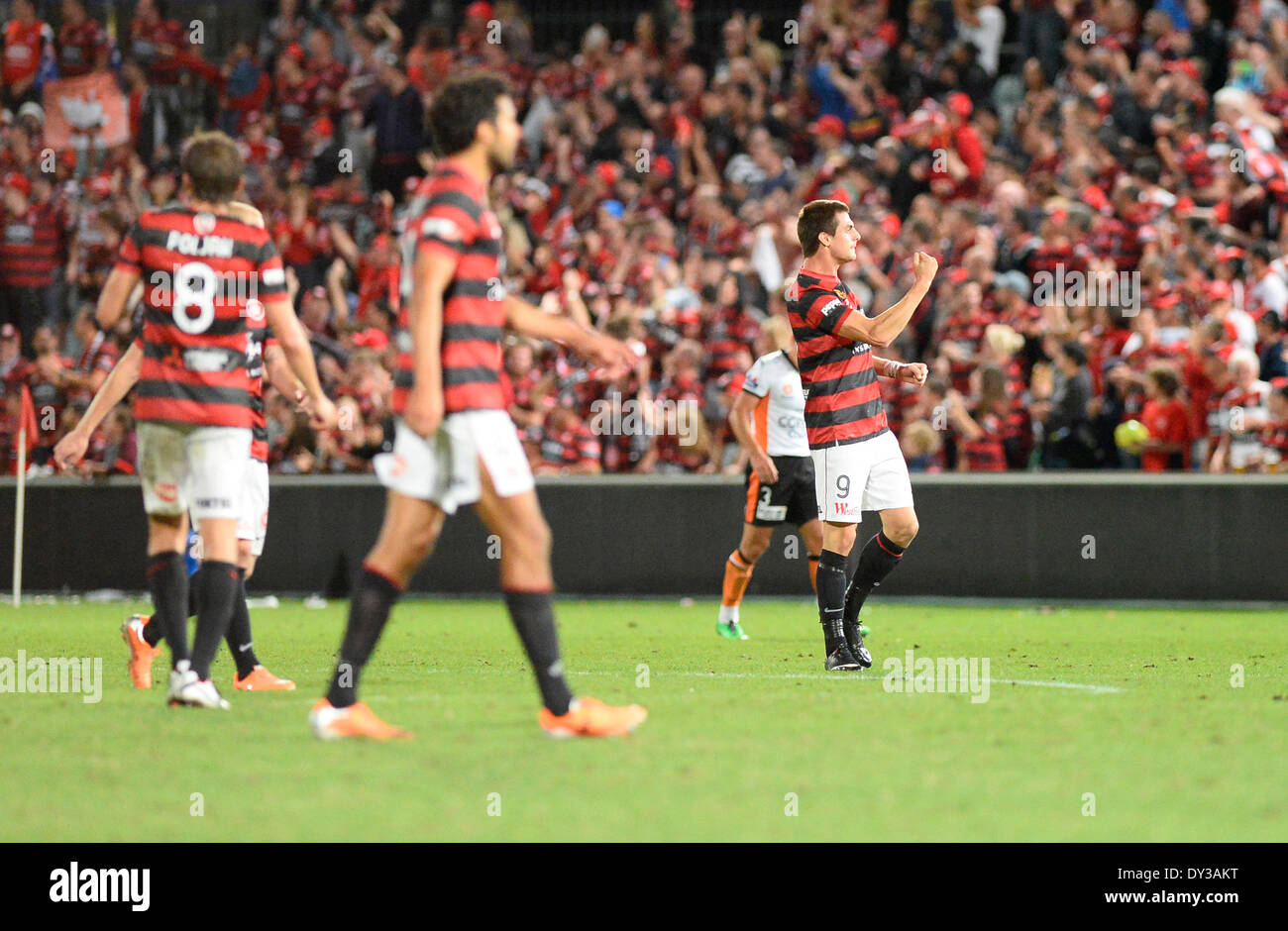 05.04.2014 Sydney, Australia. Wanderers forward Tomi Juric celebrates his goal during the Hyundai A League game between Western Sydney Wanderers FC and Brisbane Roar FC from the Pirtek Stadium, Parramatta. The game ended in a 1-1 draw. Stock Photo