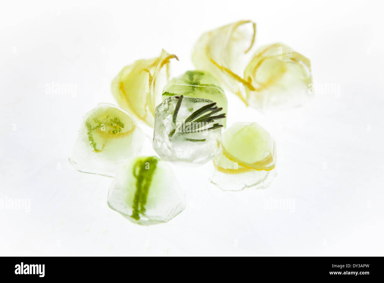 Citrus herb ice cubes on a high key backdrop Stock Photo