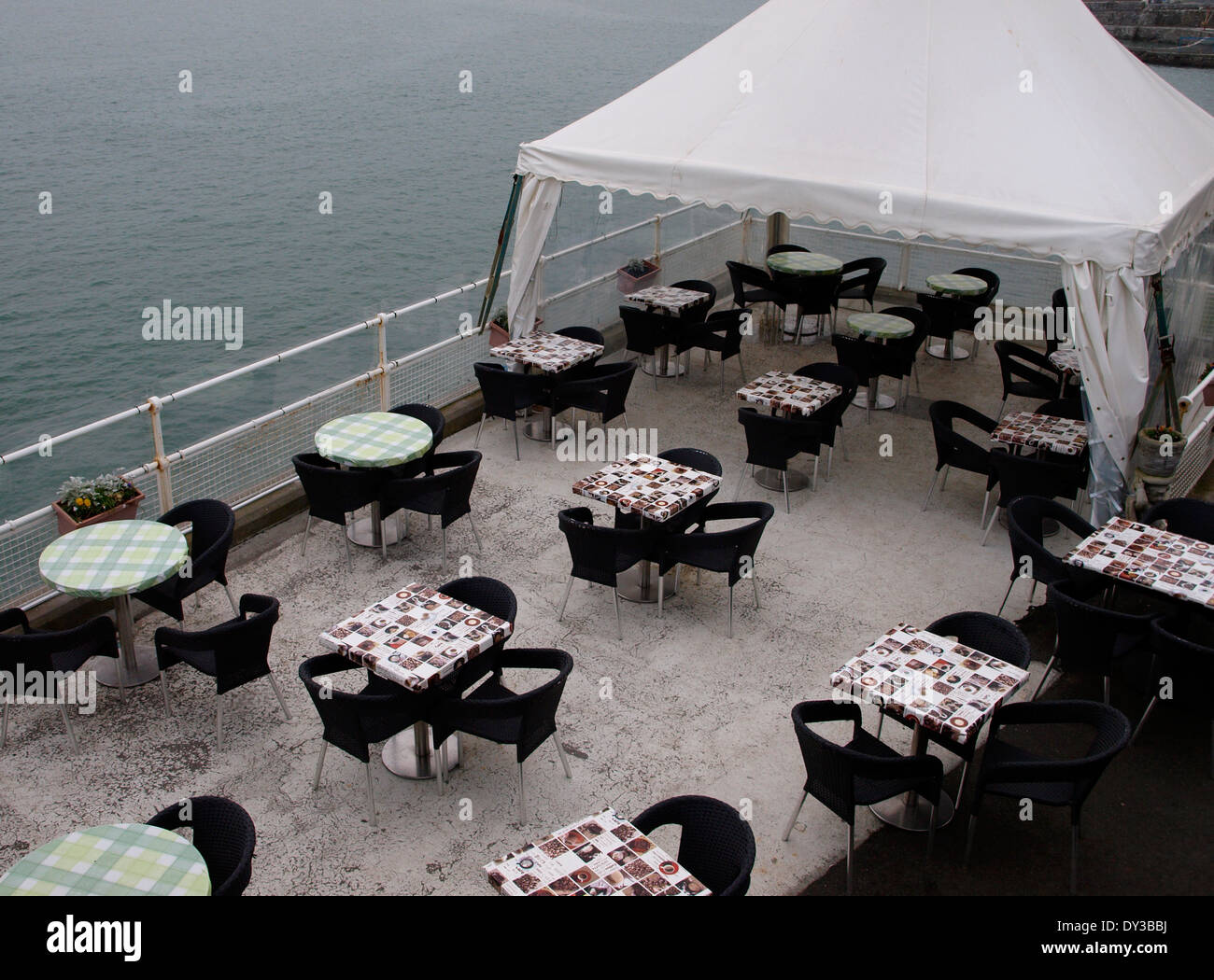 Waterfront restaurant's outside dining area, Plymouth, Devon, UK Stock Photo