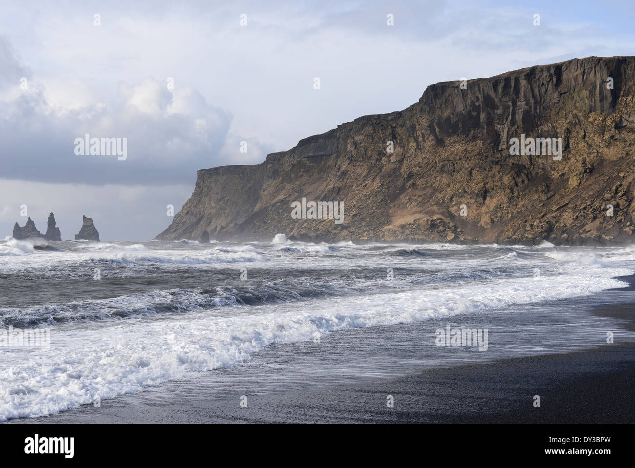 Vik beach with natural black sand from previous volcanic activity Stock Photo