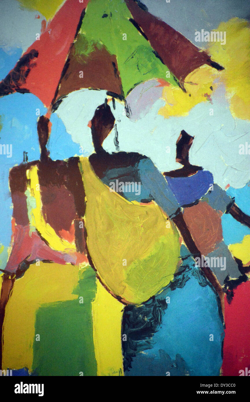 African Art, Abstract Painting of African People Under Umbrella on Display in the Hotel at Riu Touareg Cape Verde Islands Stock Photo