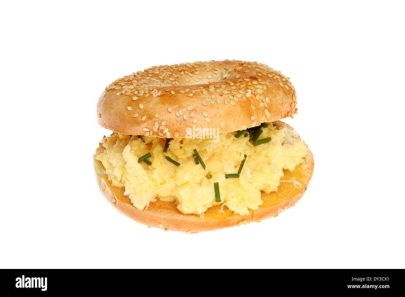 Sesame seeded bagel filled with scrambled egg topped with cheese and chives isolated against white Stock Photo