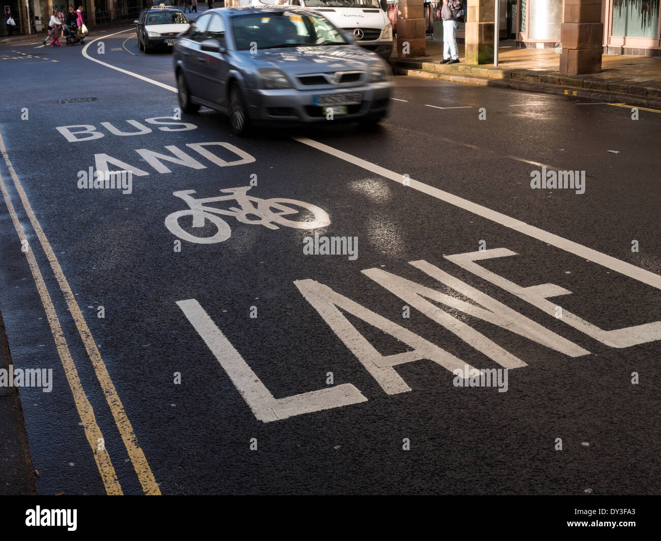 Bus and cycle lane sign on road in Chesterfield,derbyshire,Uk Stock Photo