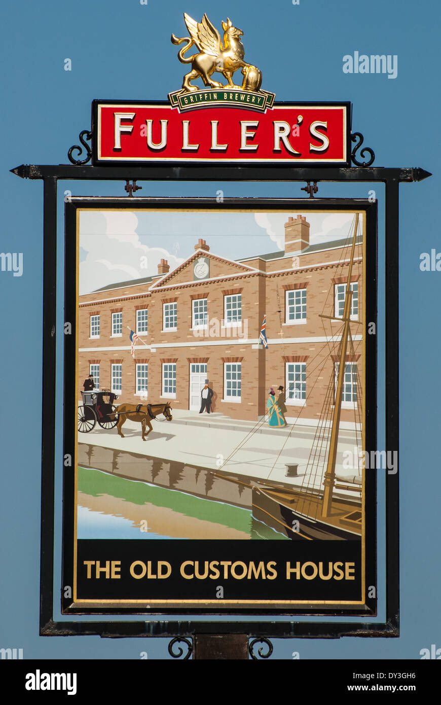 The Old Customs House Public House sign - Gun Wharf Quays, Portsmouth, Hampshire. Stock Photo