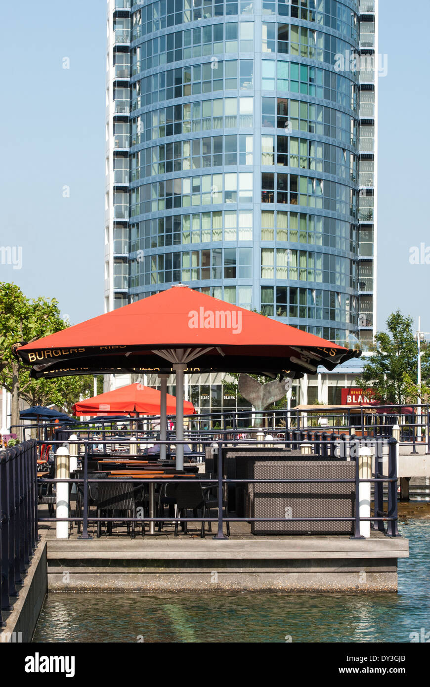 Outdoor eating as part of the development at Gunwharf Quays by the
