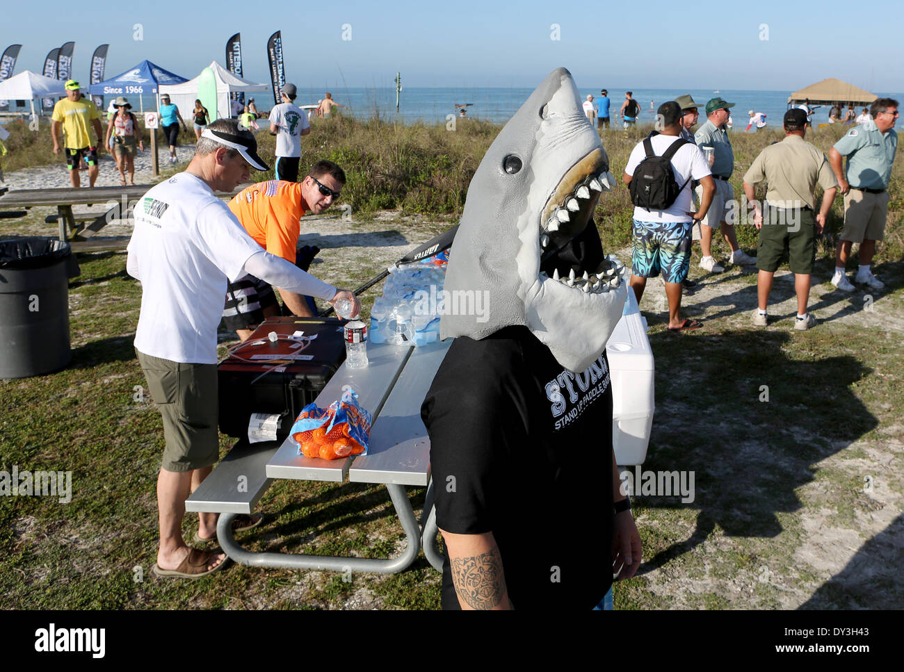 April 5, 2014 - Dunedin, Florida, U.S. - DOUGLAS R. CLIFFORD.John Willis, of Gulfport, circulates through the crowd as a Great White shark while attending the 11th annual Shark Bite Challenge and Paddlefest on Saturday (4/5/14) at Honeymoon Island Sate Park in Dunedin. (Credit Image: © Douglas R. Clifford/Tampa Bay Times/ZUMAPRESS.com) Stock Photo