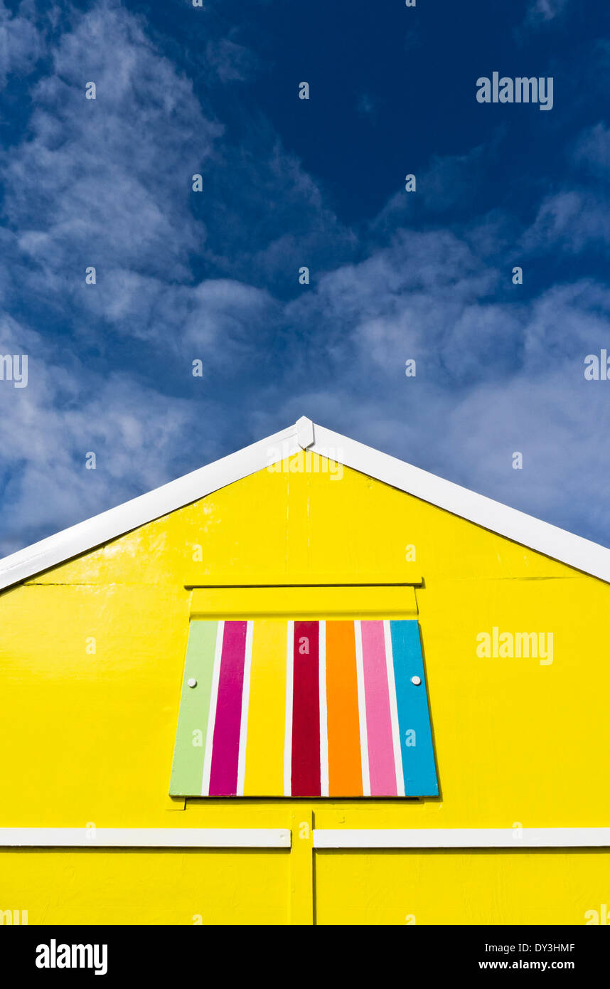 Bright colours on a painted beach hut. Stock Photo