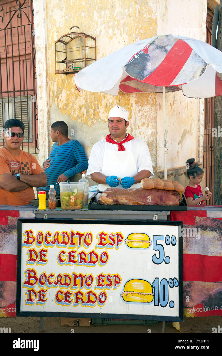 Chef and food stall for pork hamburgers Remedios Cuba Stock Photo