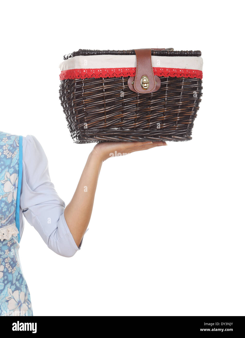 hand with weave wicker basket bag isolated on white background Stock Photo