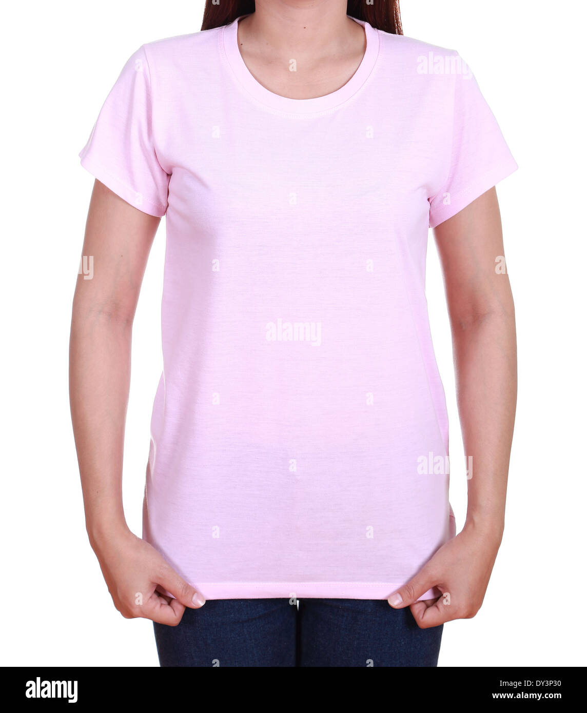 blank pink t-shirt on woman isolated on white background Stock Photo