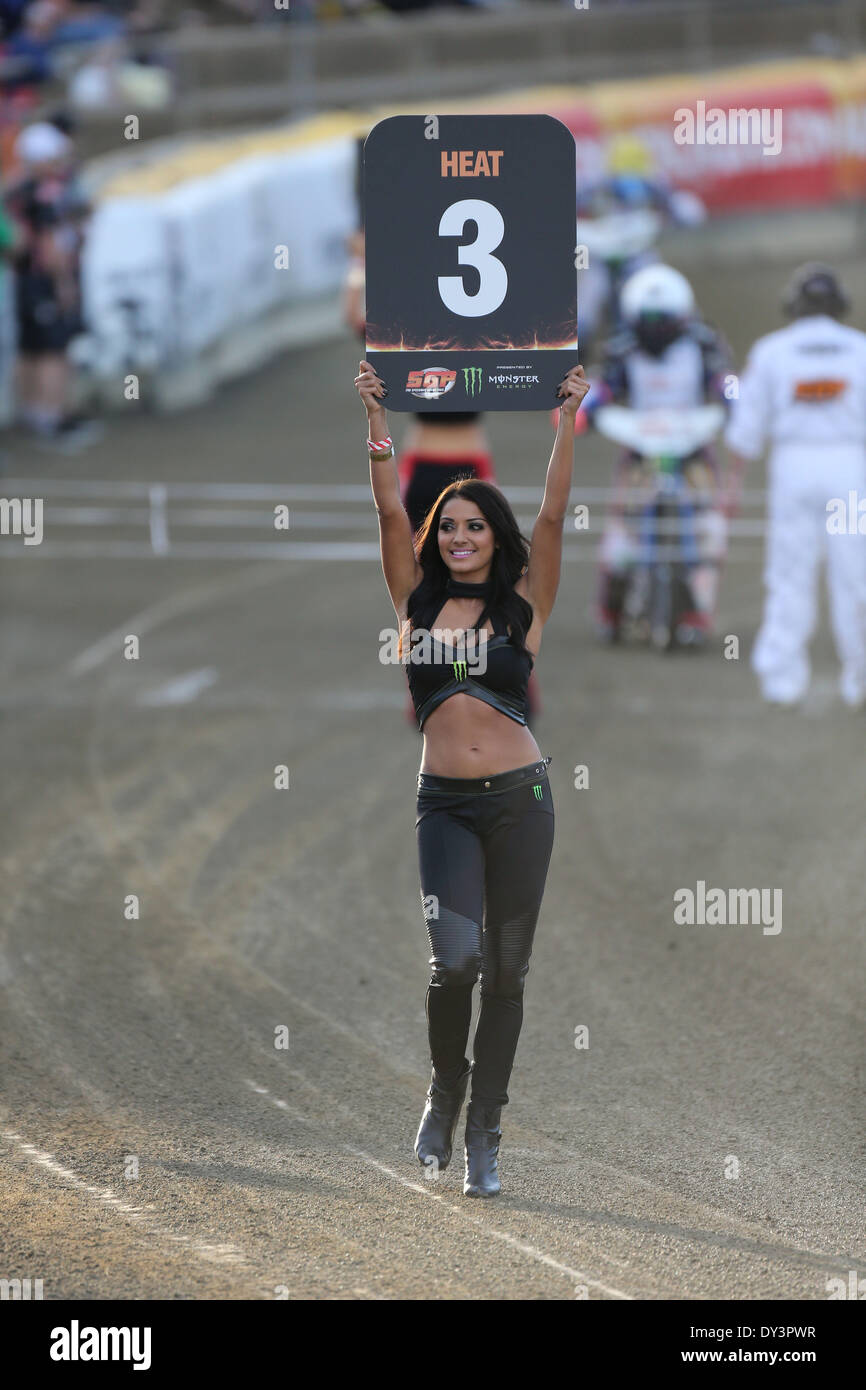 Western Springs, Auckland, New Zealand. 05th Apr, 2014. One of the Monster  Energy Pit girls holds up a heat board during the 2014 New Zealand FIM  Speedway Grand Prix held at Western