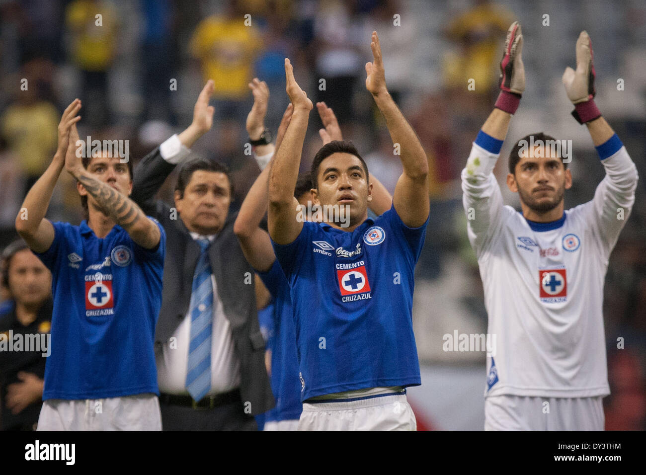 Mexico City, Mexico. 5th Apr, 2014. Cruz Azul players gesture after the match of the Liga MX against America in the Azteca Stadium, in Mexico City, capital of Mexico, on April 5, 2014. © Pedro Mera/Xinhua/Alamy Live News Stock Photo