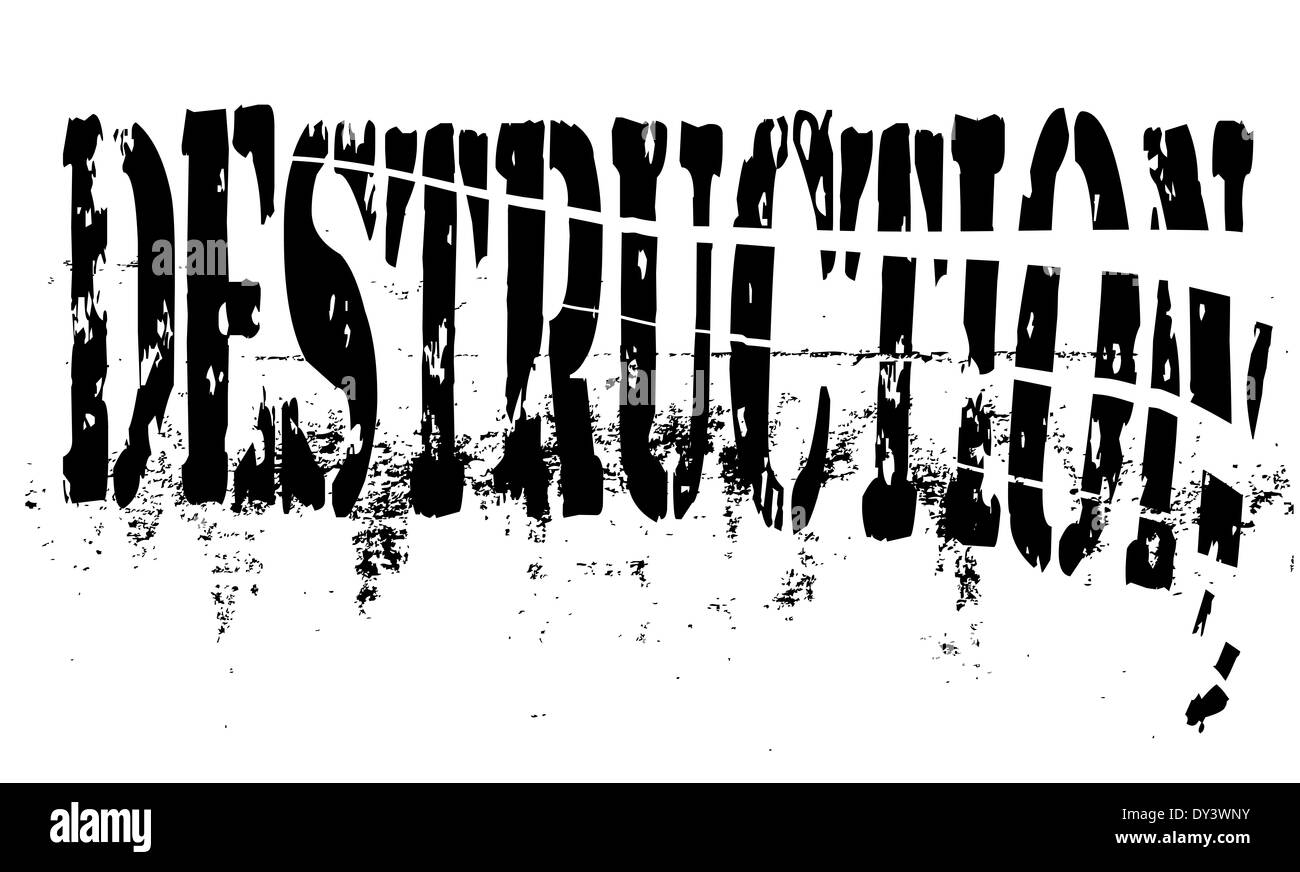 The word destruction being destroyed isolated over a white background ...