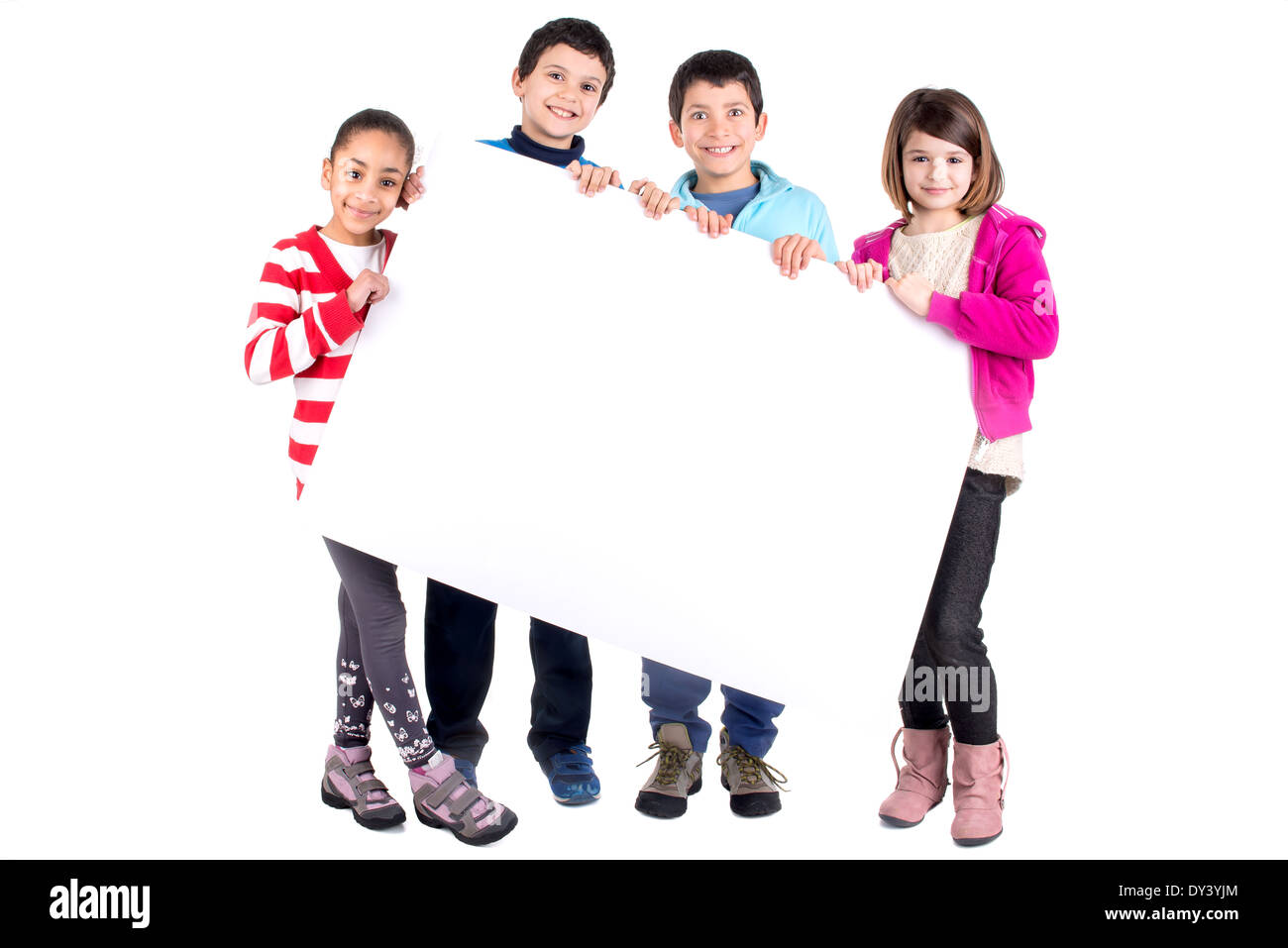 Group of children with a white board isolated in white Stock Photo - Alamy