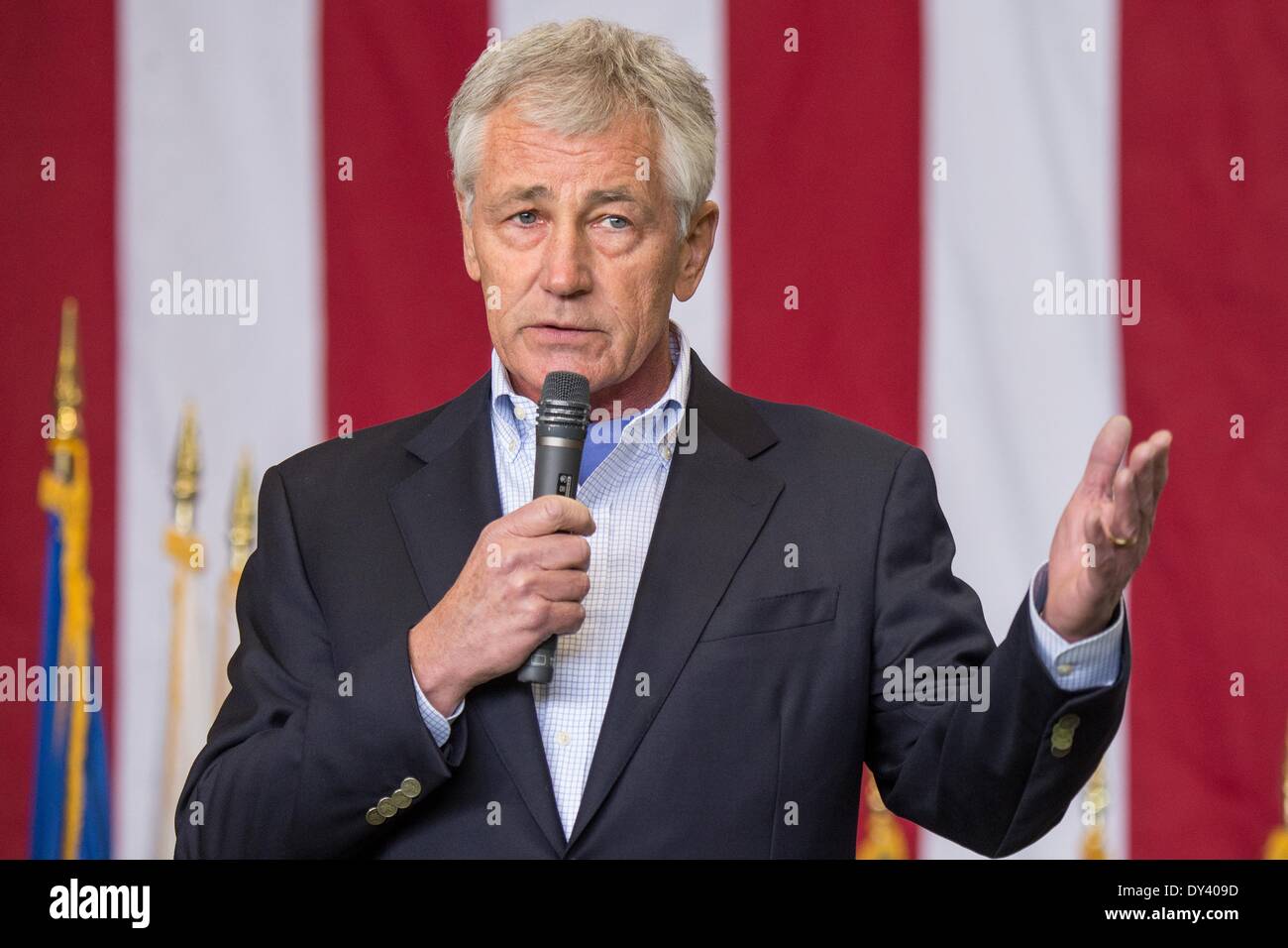 US Secretary of Defense Chuck Hagel address service members at Yokota Air Base April 5, 2014 in Fussa, Japan. Hagel announced the deployment of drones and missile destroyers to bolster US-Japan defense alliance. Stock Photo
