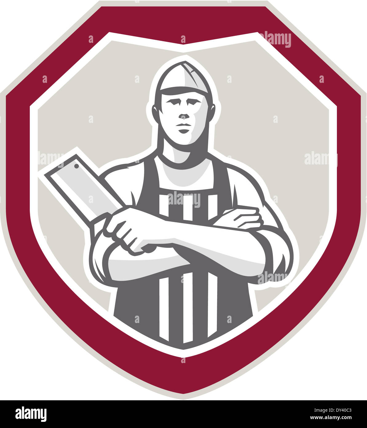 Illustration of a butcher cutter worker with meat cleaver knife facing