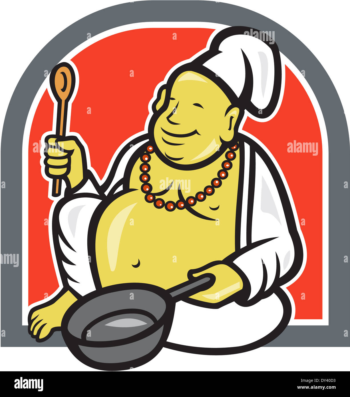Illustration of a happy fat Buddha chef cook holding spatula and frying pan sitting down done in cartoon style Stock Photo