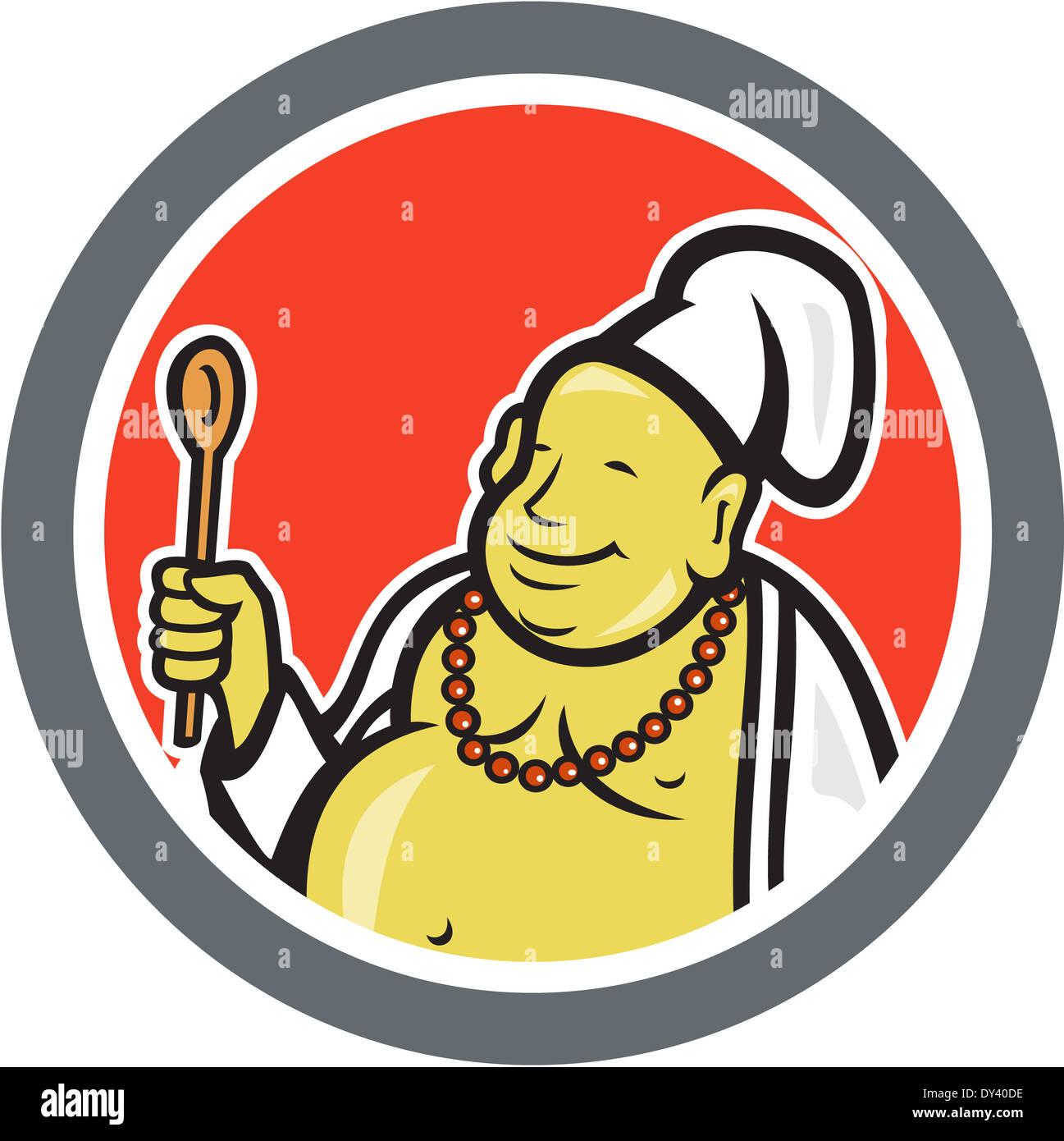 Illustration of a happy fat Buddha chef cook holding spatula set inside circle done in cartoon style Stock Photo