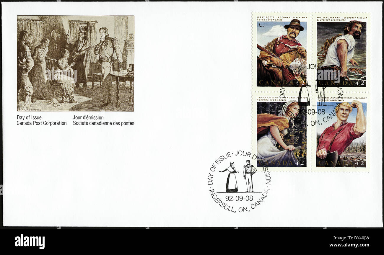 Commemorative first day cover Canada postage stamps Folk Heroes postmarked Ingersoll Ontario 8th September 1992 Stock Photo