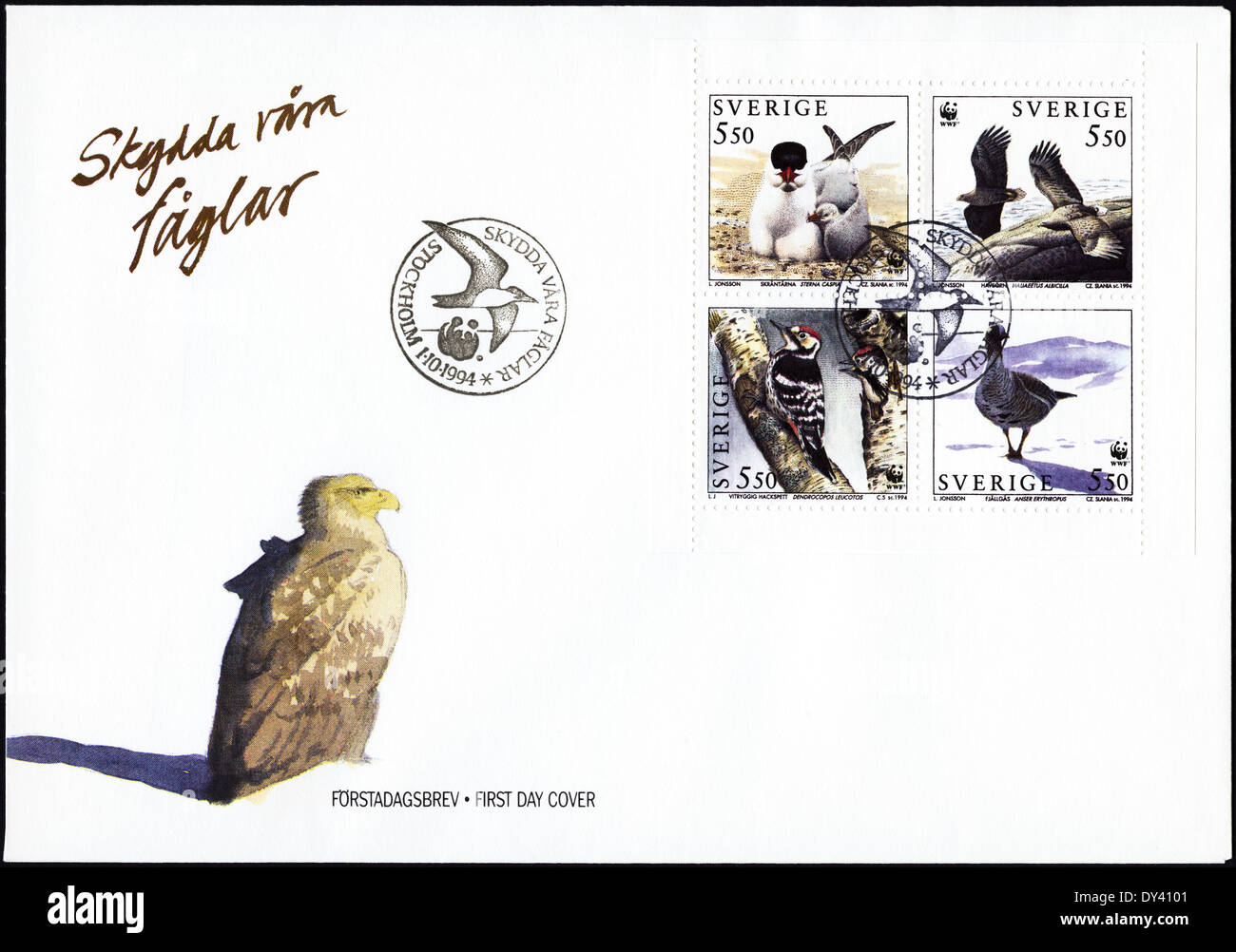 Commemorative first day cover Sweden postage stamps WWF Protect our Birds featuring Caspian Tern, White Tailed Sea Eagle, White Backed Woodpecker & Lesser White Fronted Goose postmarked Stockholm 1st October 1994 Stock Photo