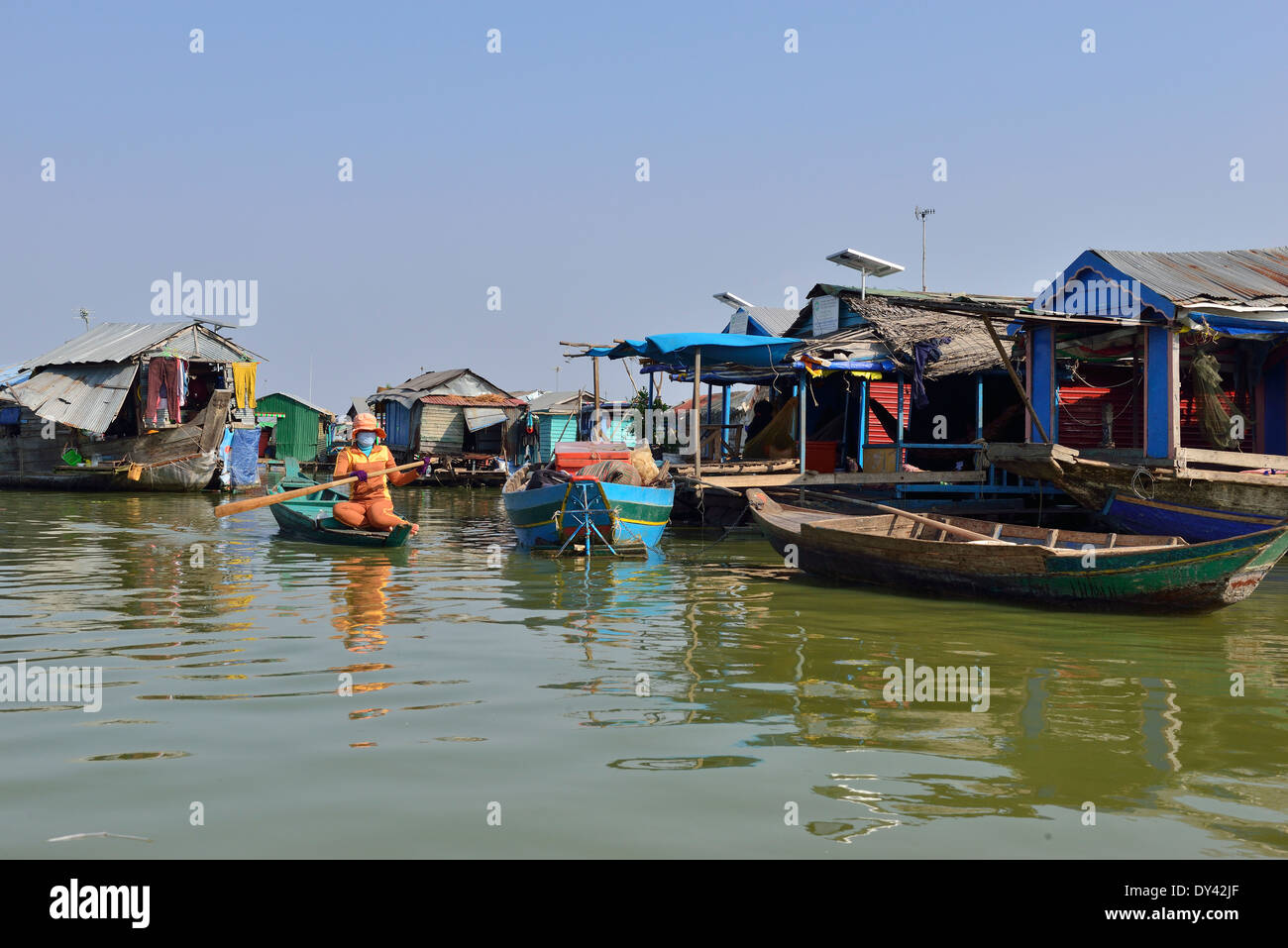 Floating houses and school, part of a large fishing village on Tonle Sap Lake, Cambodia, Southeast Asia Stock Photo
