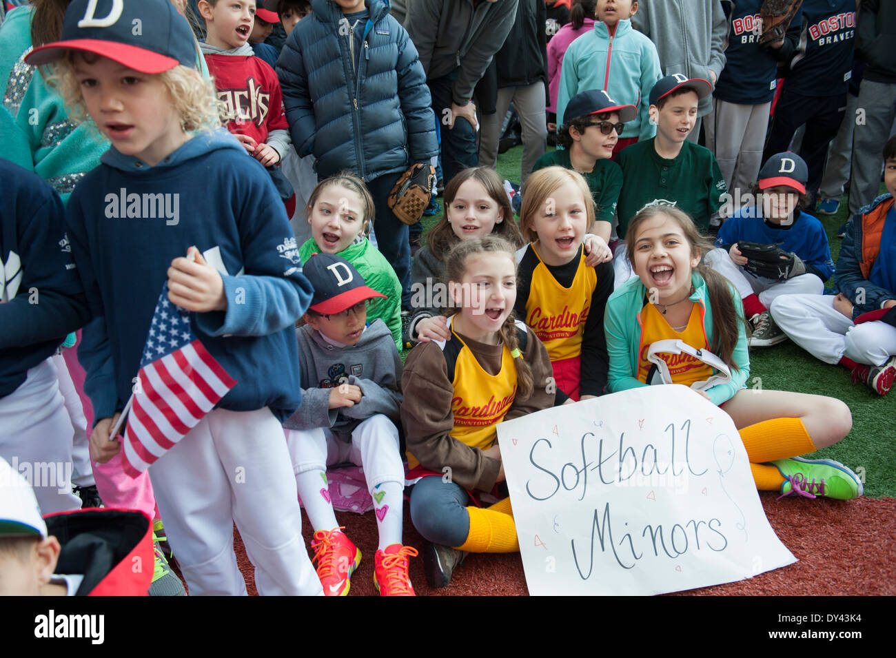 The opening day of Downtown Little League in Battery Park City, Manhattan, New York City. Stock Photo