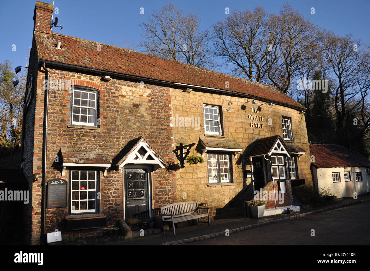 The White Hart, an  English Country pub at ancient Stopham Bridge in Pulborough West Sussex, UK Stock Photo