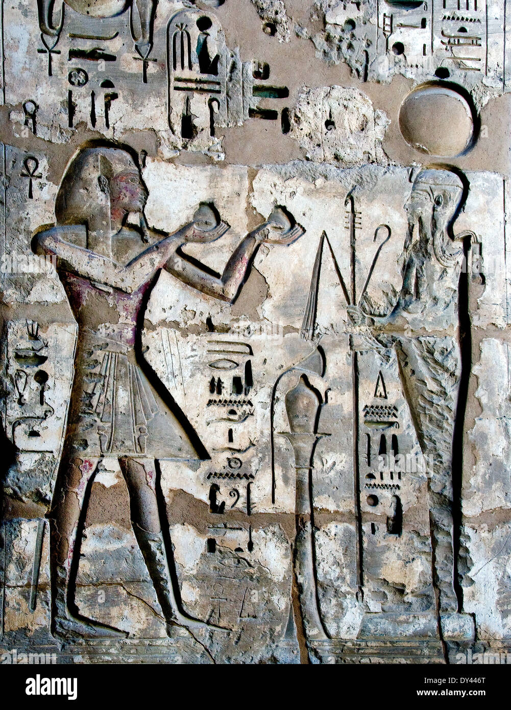 Temple of Ramses III at Habu reliefs on the wall in the first courtyard.The king