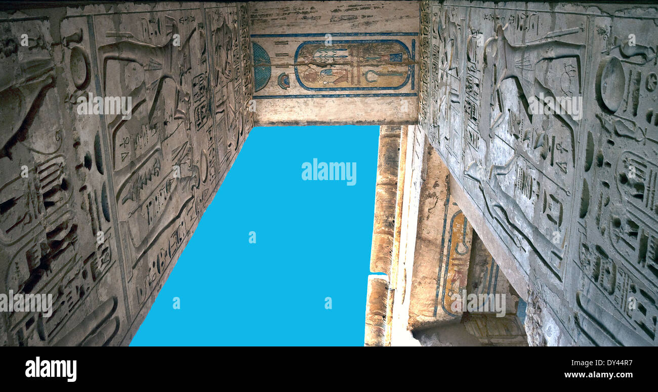 Temple of Ramses III at Medinet Habu: reliefs on the wall in the first ...