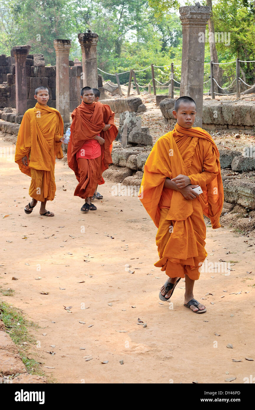 Buddhist monks at The Bayon Temple Angkor Thom City Stock Photo