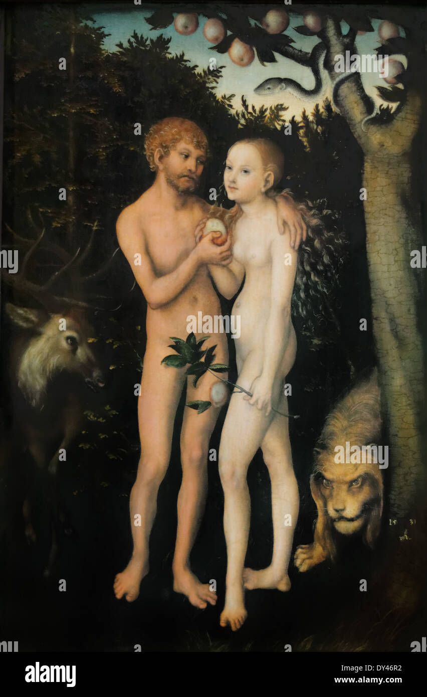 Lucas Cranach - Adam and Eve in Paradise - 1531 - XVI th Century - German School - Gemäldegalerie - Berlin Stock Photo