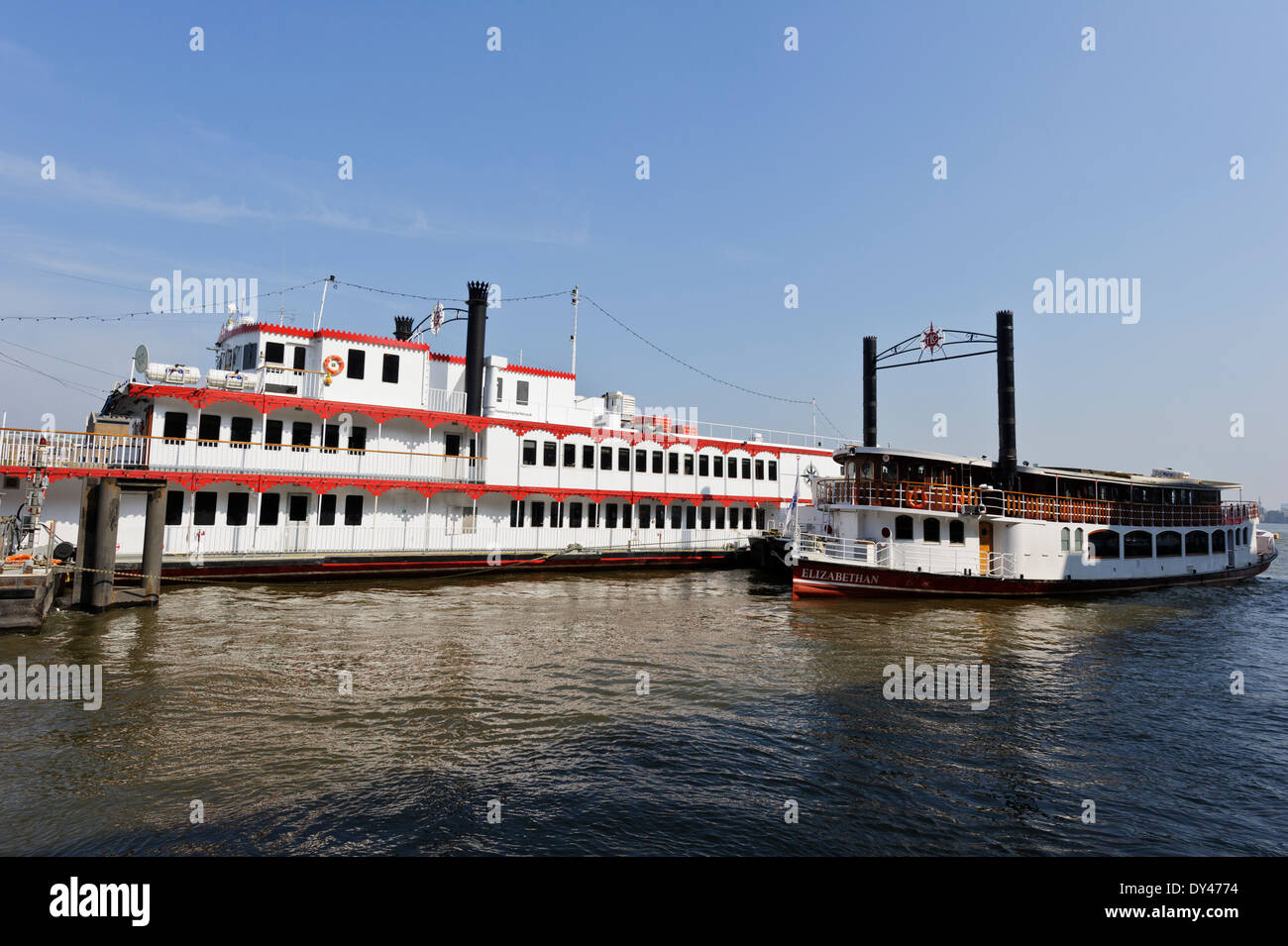 The Elizabeth and Dixie Queen, two luxury boats for hire for private parties on the Thames river, London, England. Stock Photo