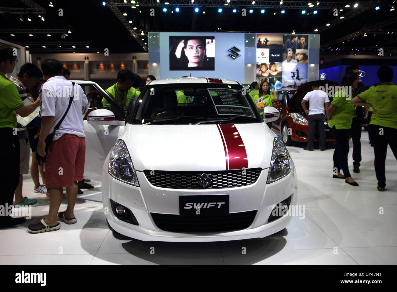 Bangkok, Thailand. 6 April 2014. Suzuki Swift on display during The 35th  Bangkok International Motor Show. There are 28 auto-makers, 9 motorcycle  companies and 87 auto accessories brands participating. The 35th Bangkok