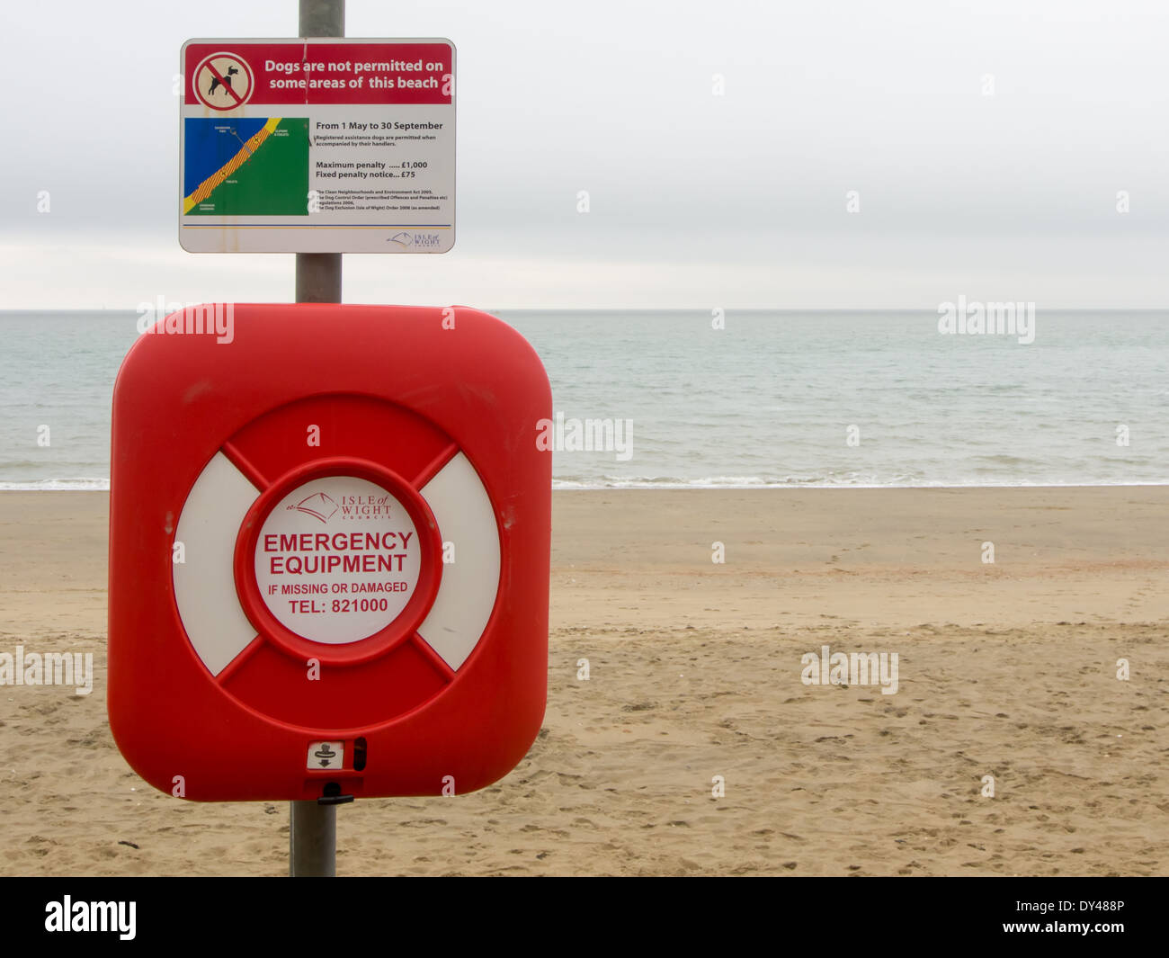 Emergency life buoy and dog walking instructions on Sandown seafront