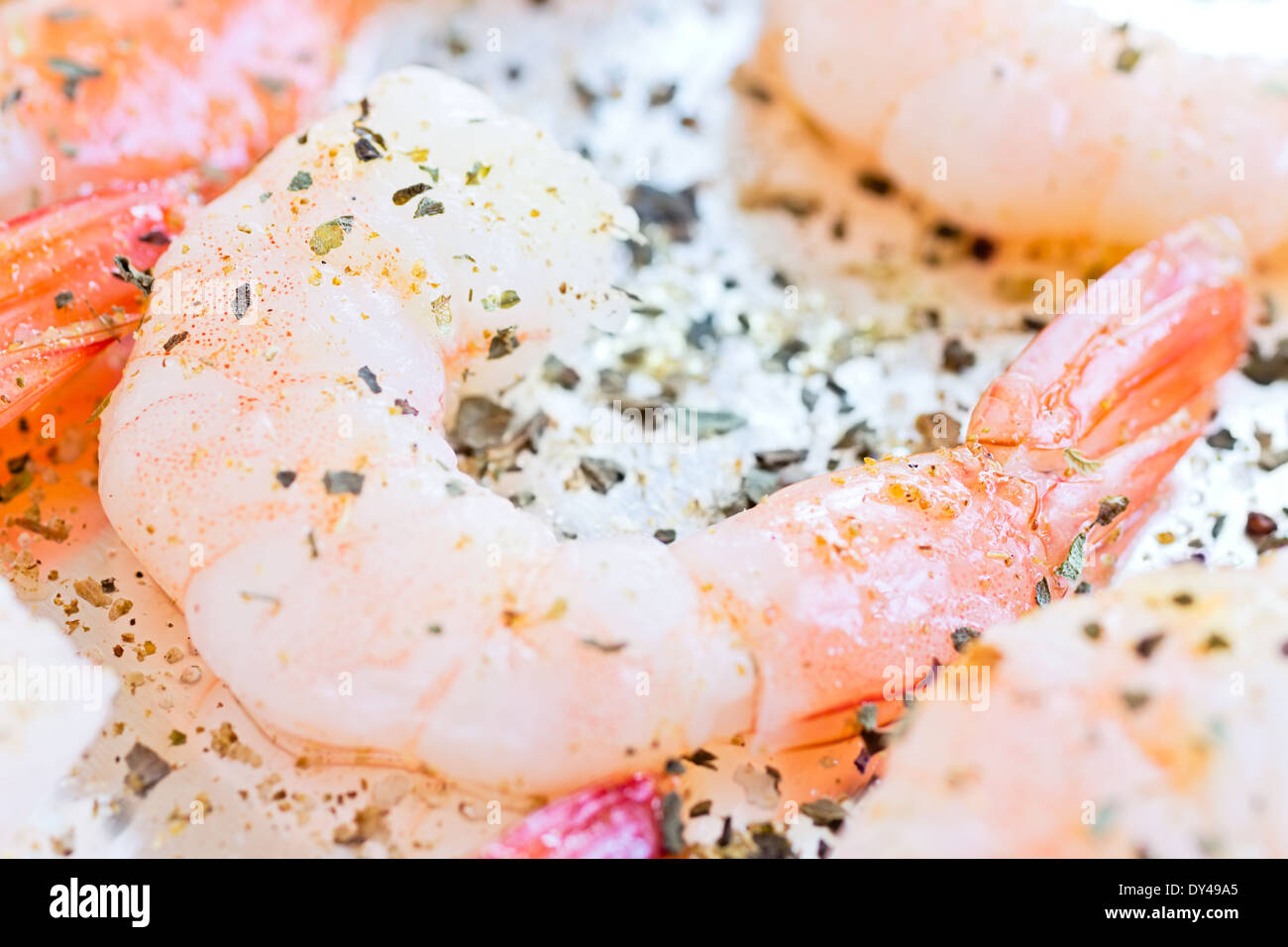 Cooked Shrimp with olive oil and herbs Stock Photo