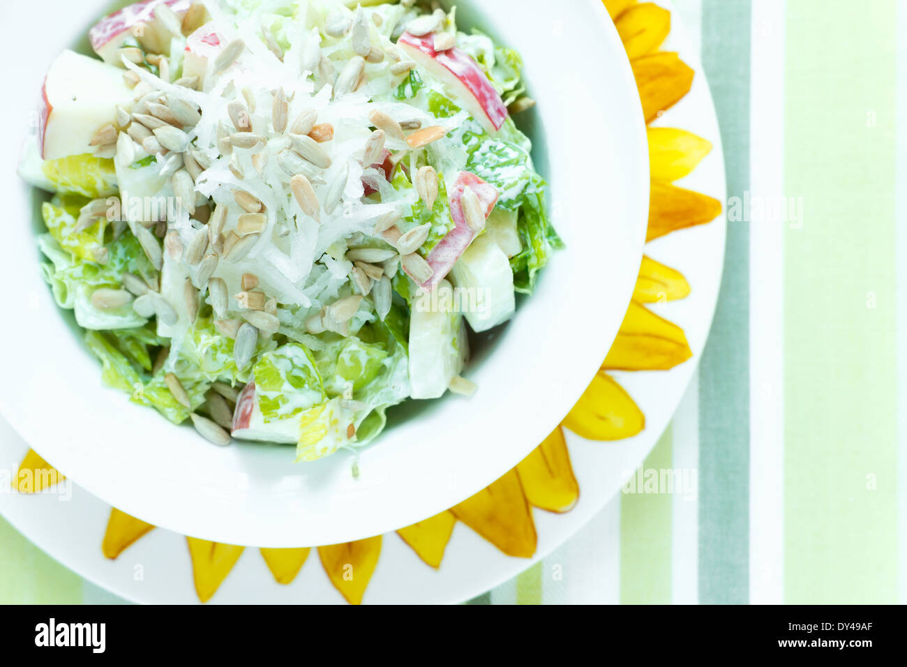 Summer salad with fresh crunchy apples and roasted raw sunflower seeds Stock Photo