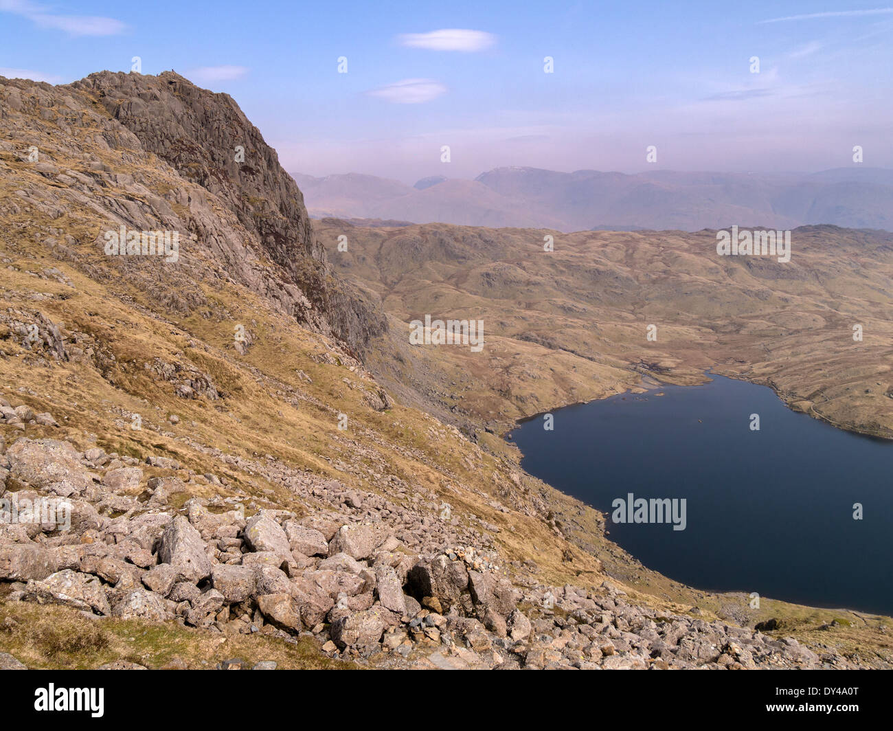 Pavey Ark mountain with Stickle Tarn below, as seen from Harrison Stickle Langdale Pikes, Great Langdale, Cumbria, England, UK Stock Photo