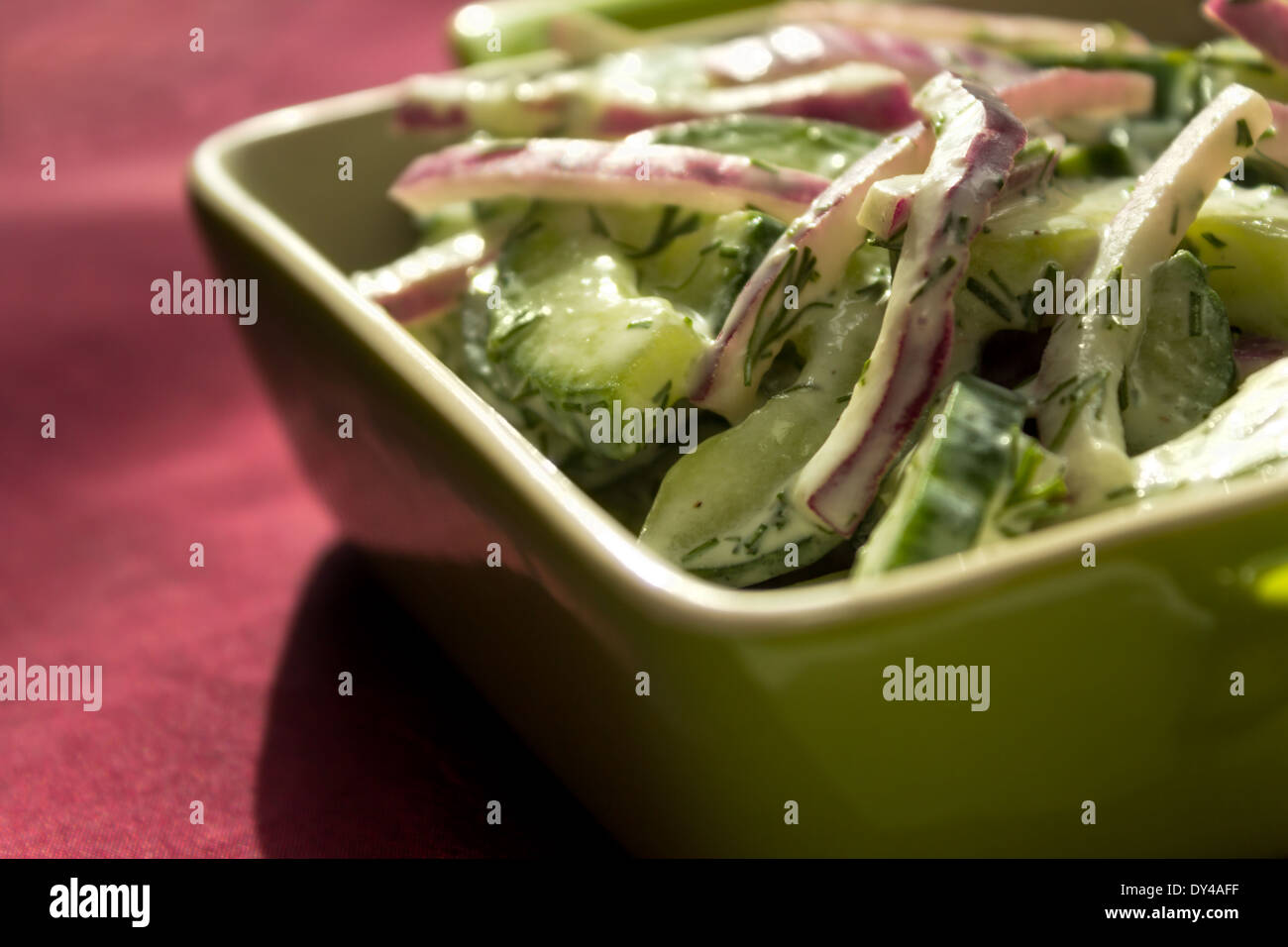 Delicious and healthy cucumber and red onion salad with low fat sour