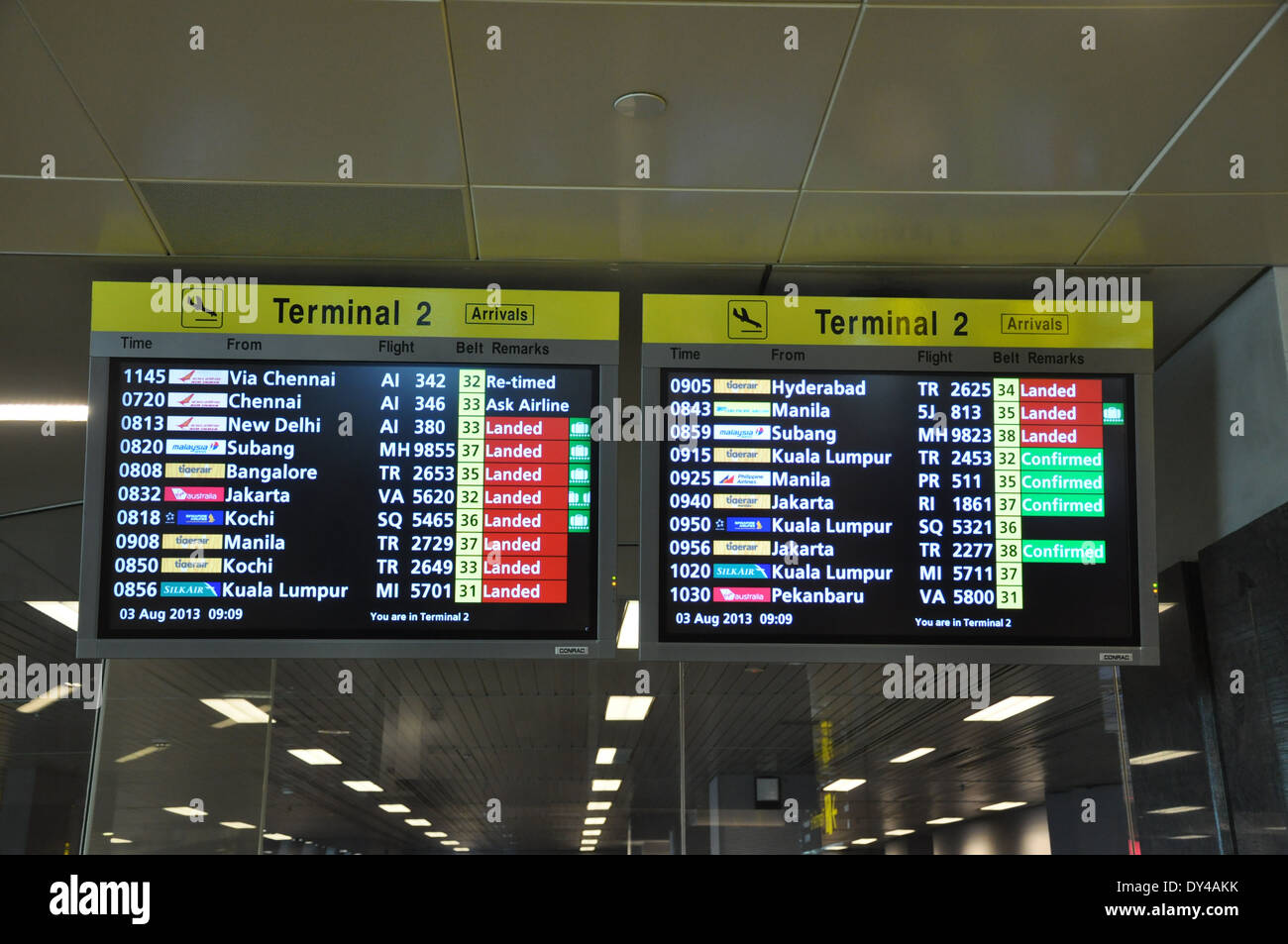 Departure board at Changi airport, Singapore, terminal 2, Stock Photo